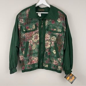 Vintage River Edge 100% Pure Silk Floral Print Full Zip Windbreaker Jacket